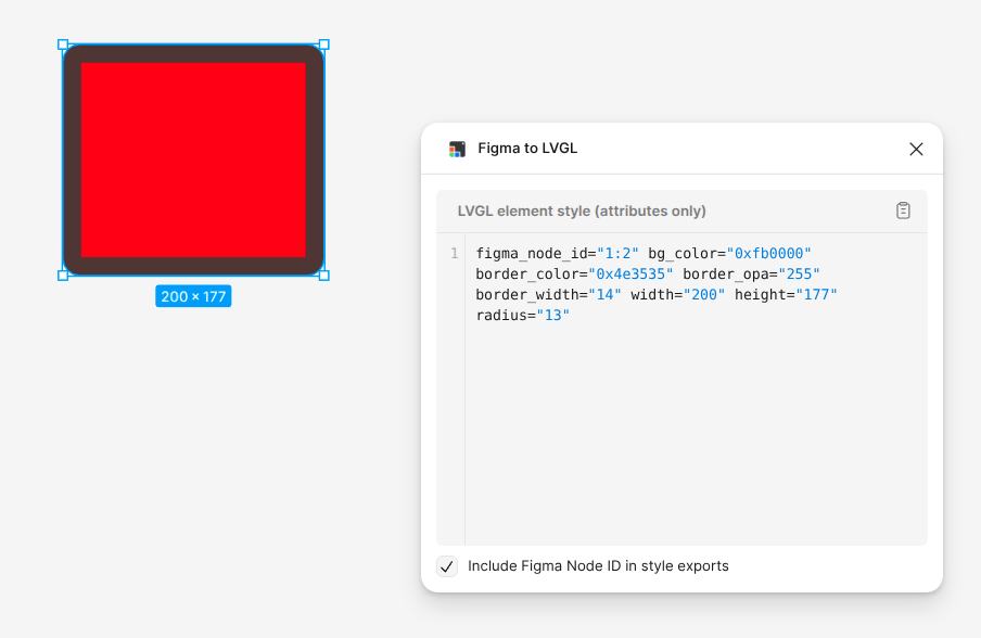 Figma to LVGL listing style properties of the selected UI element